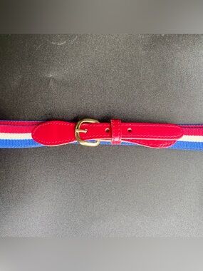 Vintage Red White Blue Elastic Leather Brass Thin Belt